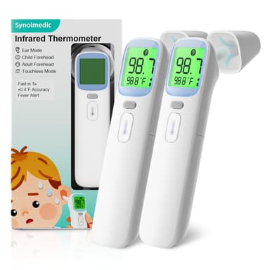 Synolmedic Ear Thermometer, Accurate Digital Baby Thermometer with Fever Alarm, Infrared Thermometer for Ear, Forehead & Touchless, Thermometer for Adults & Kids-Blue 2packs
