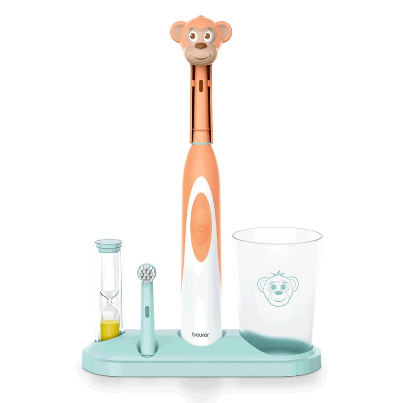 Beurer TB10 Kids Electric Toothbrush Kit - Fun Milo The Monkey Cap with 2 Extra-Soft Brush Heads to Help Remove Plaque, 2 Minute Timer, and Rinse Cup, BPA-Free, Safe for Ages 3+