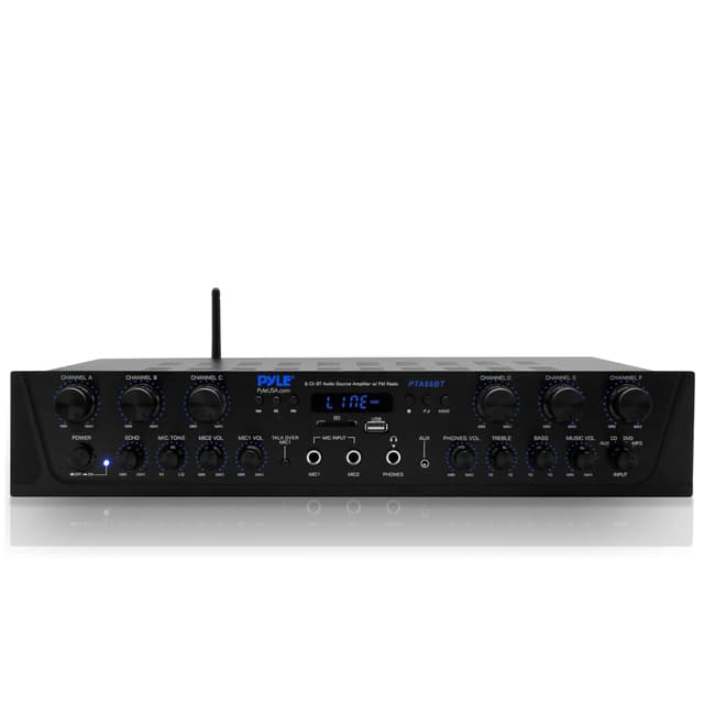 Pyle Bluetooth Home Audio Amplifier - 6 Channel Stereo Receiver Amp, 600 Watt Power, Commercial or Karaoke with Mic Talkover, Headphone Jack, 1/4'' Microphone In, USB SD AUX RCA FM Radio