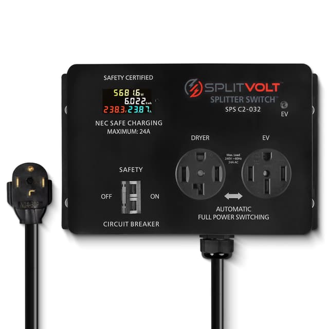 Splitvolt NEMA 14-30/14-50, 240V, 24 Amp Splitter Switch - Save Thousands on Home Electric Vehicle Charging (EV) Install, cETLus Certified, Charge Two EVs, Plug and Play