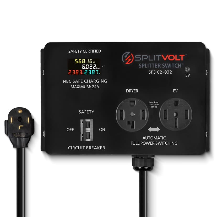 Splitvolt NEMA 14-30/14-50, 240V, 24 Amp Splitter Switch - Save Thousands on Home Electric Vehicle Charging (EV) Install, cETLus Certified, Charge Two EVs, Plug and Play