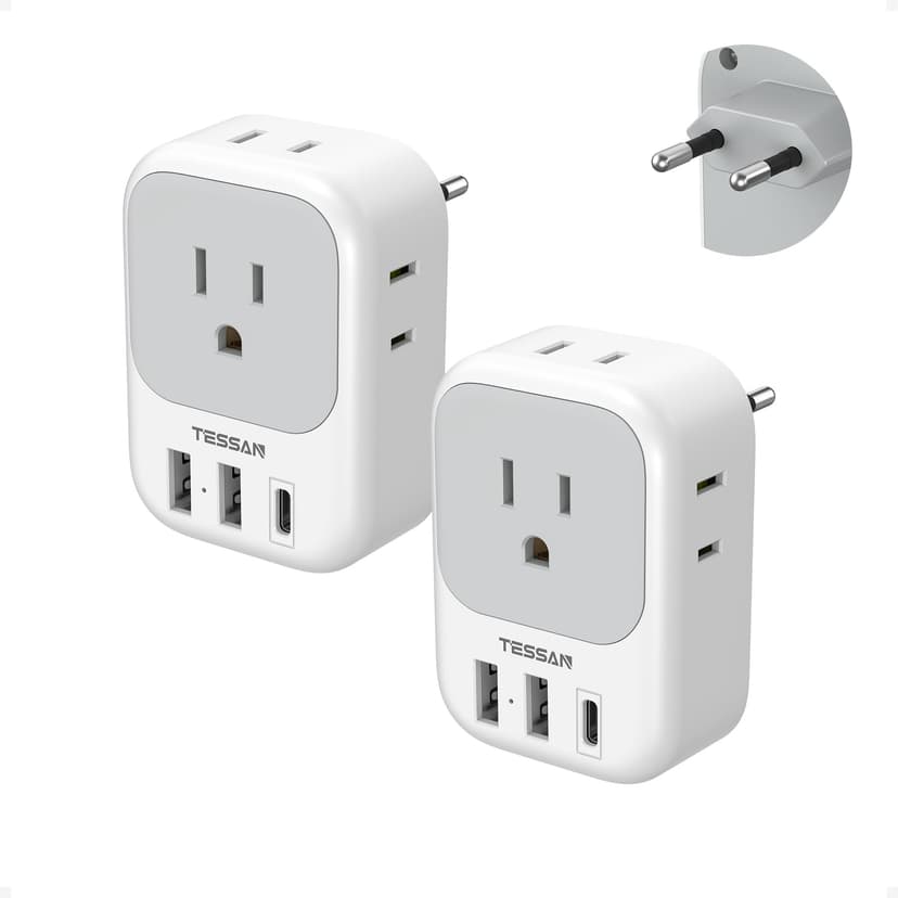 2 Pack European Plug Adapter USB C, TESSAN US to Europe Adapter 4 Outlets 3 USB Charger, Type C International Power Adaptor to Italy Spain France Portugal Iceland Germany, Europe Travel Essentials