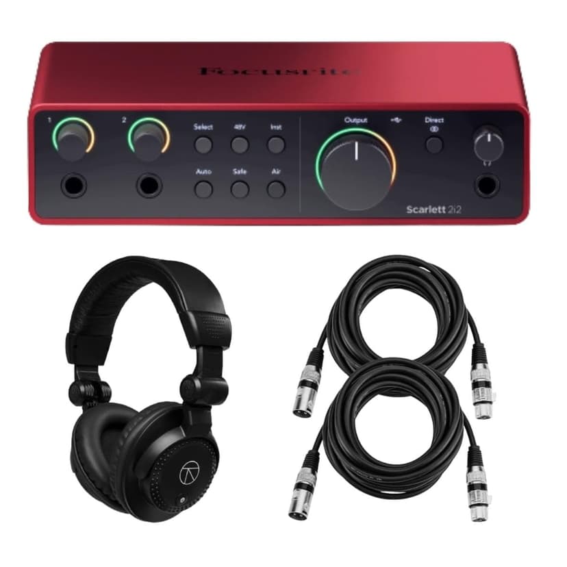 Focusrite Scarlett 2i2 4th Gen USB audio Interface with Software Suite bundle with TAPH100 Closed-Back Studio Monitor Headphones, 2x Microphone Cable