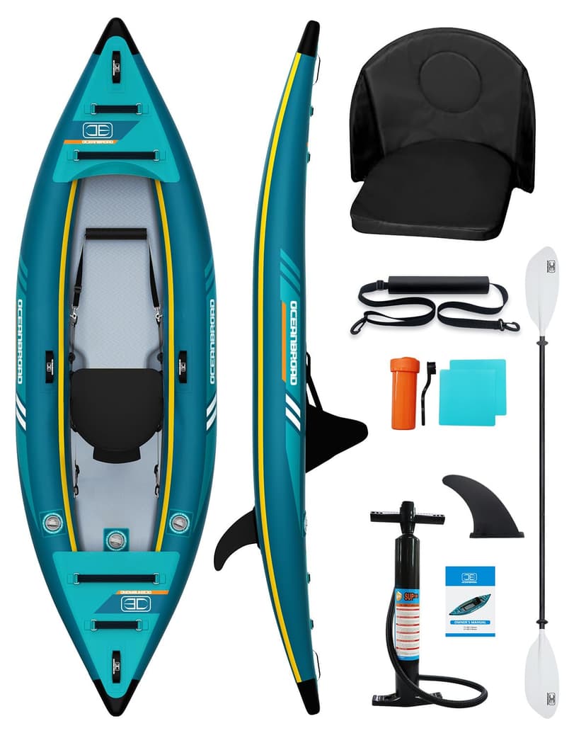 OCEANBROAD V1-320 Inflatable Sit-in Kayak(NO HIN) for Adults with Paddle, Kayak Seat, Pedal, Hand Pump and Bag, 3.2m/10ft 1-Person Kayak, Blue