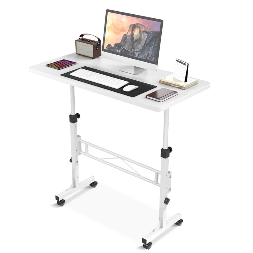 Small Standing Desk Adjustable Height, Mobile Stand Up Desk with Wheels, 32 Inch Portable Rolling Desks Computer Office Workstations for Walking Pad Treadmill White