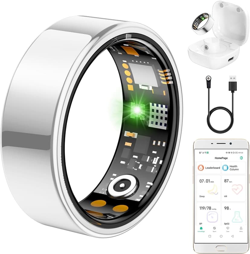 Ring Health Tracker for Women Men, Fit Ring with Heart Rate, Blood Oxygen, Sleep Monitor, Calories, Step Counter, IP68 Waterproof Smart Ring for iPhone & Android, No Subscription Fee (Silver, 14#)