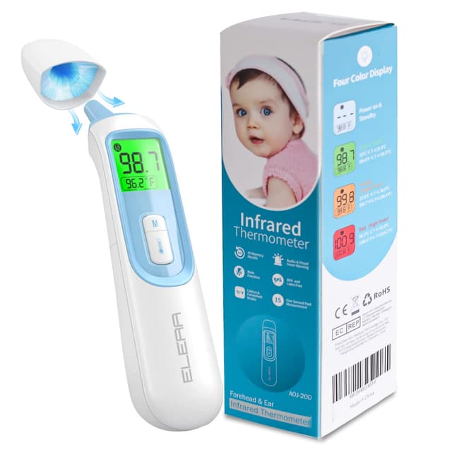 Ear Thermometer for Baby, ELERA Infrared LCD Thermometer with Automatic Switching Mode of Ear & Forehead, 1s Measurement, 4 Color Backlight Display with Fever Indicator