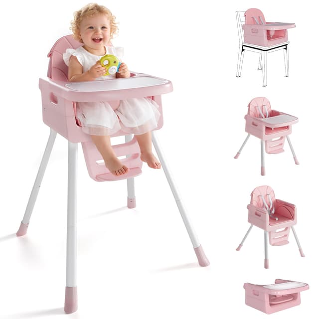 4-in-1 Baby High Chair for 6 Months+, Foldable High Chairs for Babies and Toddlers, Convertible Toddler Chair, Adjustable Tray & Footrest, Lightweight, Stable & Easy to Clean(Pink with White)