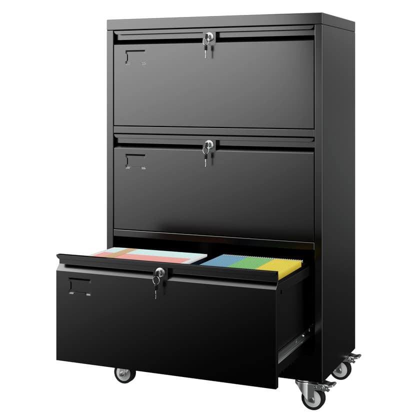 Aobabo 3 Drawer Lateral File Cabinet with Wheels, Lockable Metal Filing Cabinet for Home Office, Legal/Letter Size,Black,Required Assembled,15.87" D x 28.94" W x47.63 H