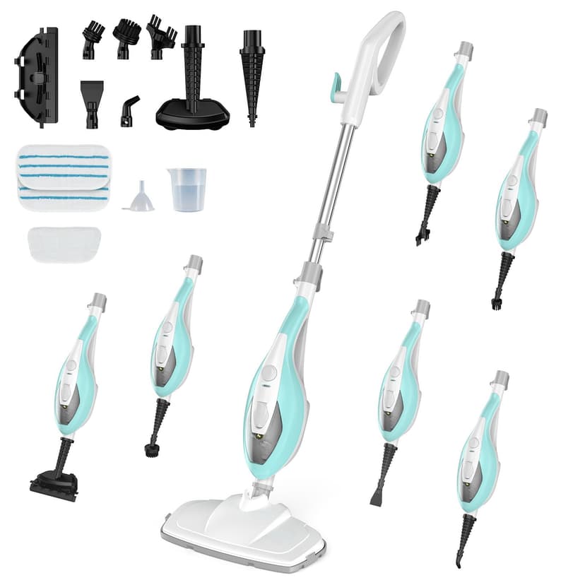 OLIXIS 10-in-1 Steam Mop, 1550W Detachable Handheld Steam Cleaner for Floor Cleaning, 16FT Cord, 2 Washable Pads, Multi-Purpose Floor Steamer for Hardwood, Carpet, Tile, Grout, Windows, White Green