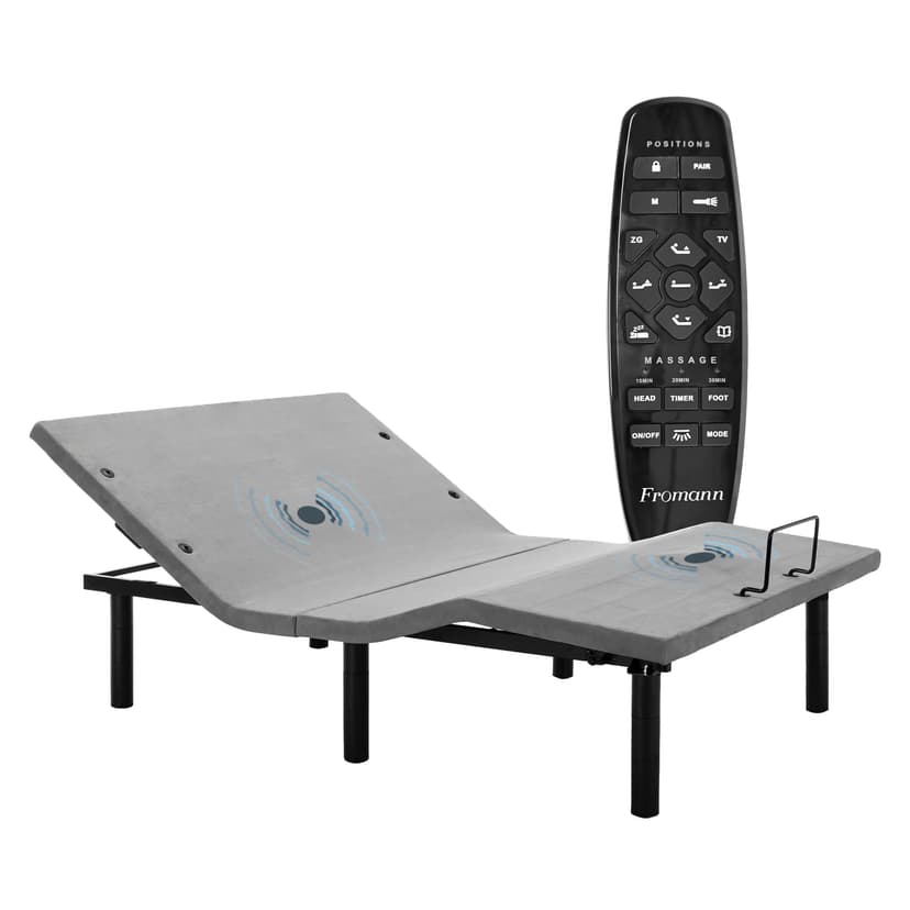 Fromann Adjustable Electric Full Bed Base Frame with Massage, USB Type-C Ports, Zero Gravity, Under Bed Led Lighting and Three Leg Height (Grey)