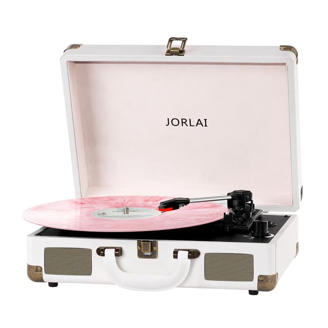 JORLAI Record Player 3 Speeds Turntable with Bluetooth Built-in Battery Stereo Speakers Vintage Record Player Belt Driven Portable Suitcase PC Recording White
