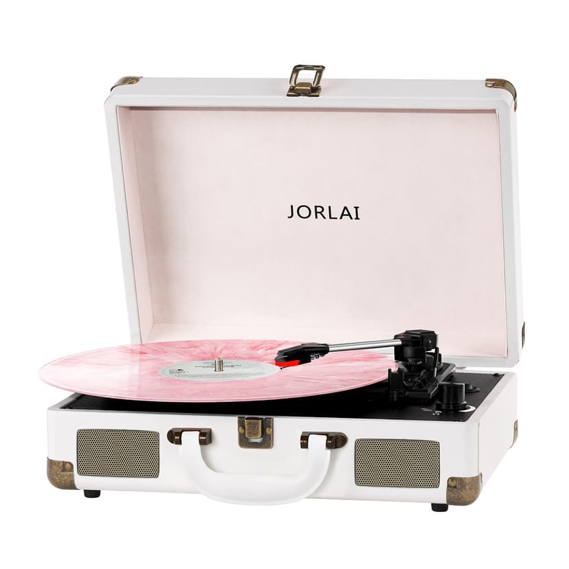 JORLAI Record Player 3 Speeds Turntable with Bluetooth Built-in Battery Stereo Speakers Vintage Record Player Belt Driven Portable Suitcase PC Recording White