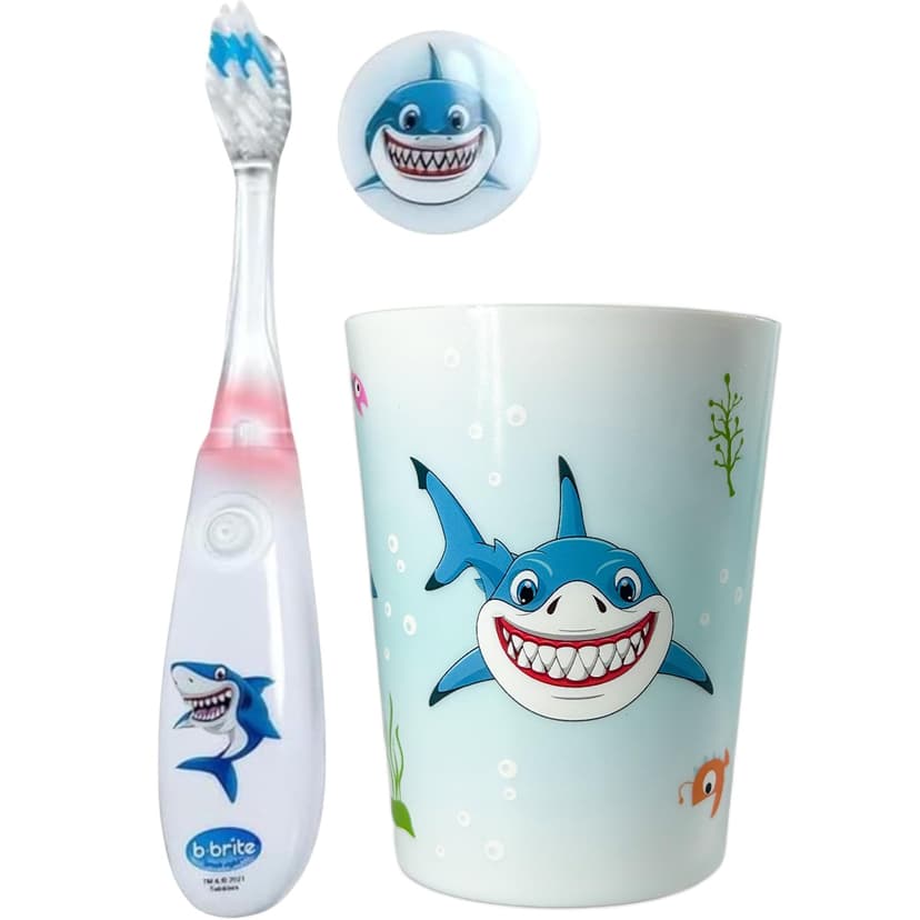 Lily's Home Kids Flashing Timer Toothbrush Kids with Soft Bristles, Rising Cup & Cover - Fun 2-Min Light-Up Brushing for Children - Toddler Soft Toothbrush Kit (Shark)