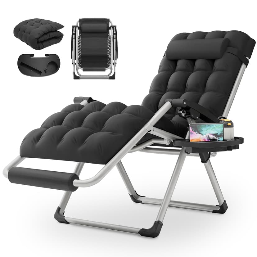 MoNiBloom 27-Inch Zero Gravity Lounge Chair with Cushion, Padded Patio Anti Gravity Recliner, Foldable Outdoor Lounger with Headrest and Footrest for Beach Camping, Black