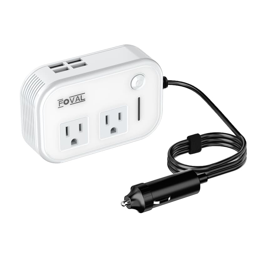 200W Car Power Inverter, FOVAL 12V DC to 110V AC Car Inverte with 4 USB Ports Car Outlet Adapter, Power Inverter for Vehicles, Car Plug Adapter Outlet for Laptop Computer Charger (White)