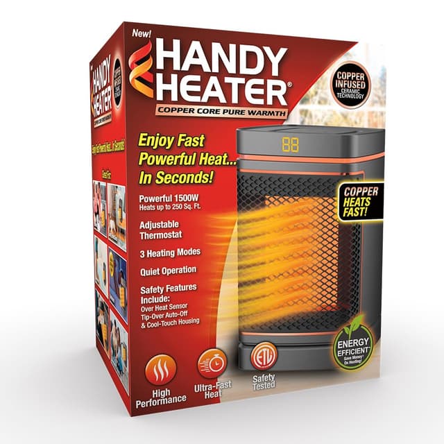 Ontel Handy Heater Copper Core Pure Warmth Ceramic Space Heater (1500 W), Adjustable Thermostat, Portable Heater for the Bedroom, Office, Garage & More, Quiet Small Space Heater