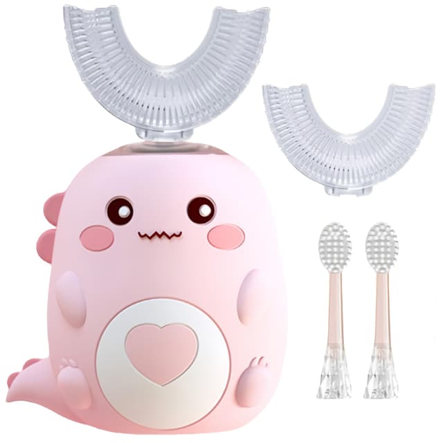 PLAYIKO Kids U Shaped Electric Toothbrush with 4 Brush Heads, 360° Sonic Automatic Toothbrush with 3 Cleaning Modes, IPX7 Waterproof Cartoon Dinosaur Design (Ages 2-12)