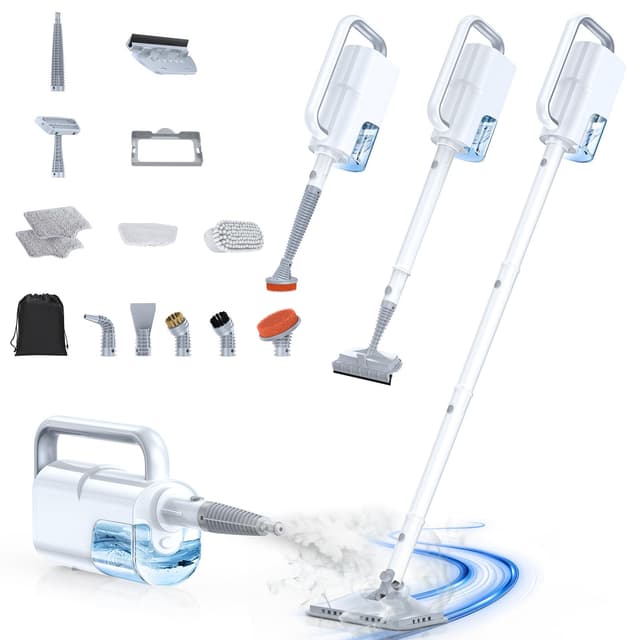 ScrubWiz Steam Mop with Detachable Handheld Steam Cleaner, 10-in-1 Multi Accessories, Quick 10s Heat, 350ml and 2-Level Steamer for Cleaning Floor, Carpet, BBQ Grill, Tile, and Grout, Light White
