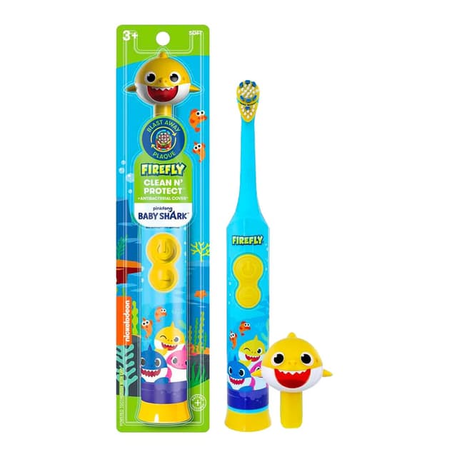 Firefly Clean N' Protect, Baby Shark Toothbrush with 3D Character Cover, Soft Bristles, Anti-Slip Grip Handle, Battery Included, Ages 3+, 1 Count