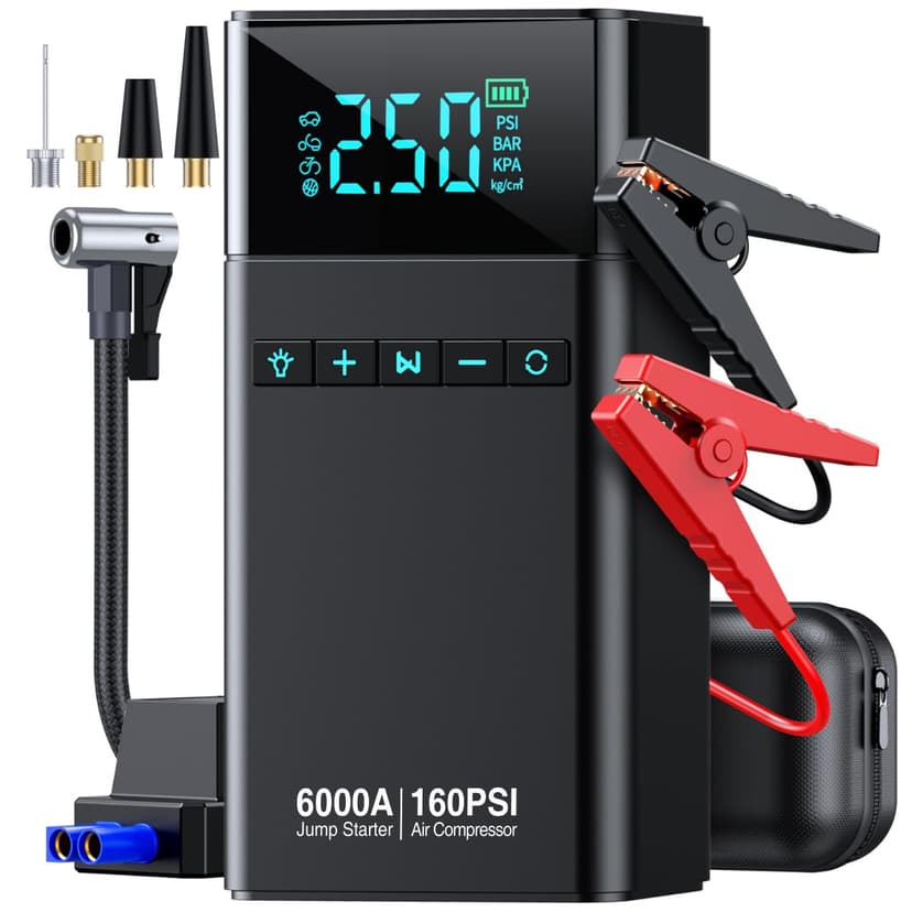 CZKBG 10-in-1 Portable Car Battery Jump Starter with Air Compressor, 6000A 160PSI Portable Car Jumper Starter (All Gas 12L Diesel), 12V Jump Box Car Battery Jump Starter with Jumper Cables, Lights