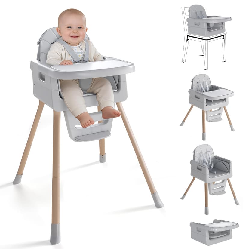 EverKiddo Baby High Chair for 6 Months+, Foldable High Chairs for Babies and Toddlers, Convertible Toddler Chair, Adjustable Tray & Footrest, Lightweight, Stable & Easy to Clean(Grey with Wood Grain)