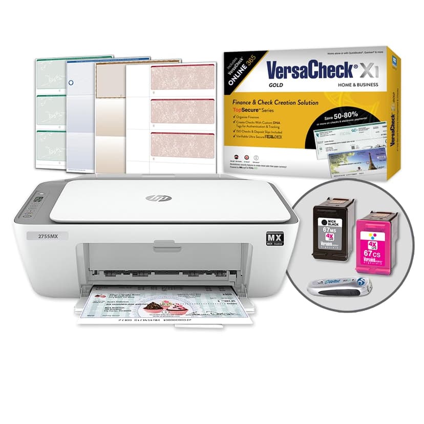 VersaCheck HP Deskjet 2755 MX MICR All-in-One Check Color Printer Gold Check Printing Software Bundle, White (2755MX)