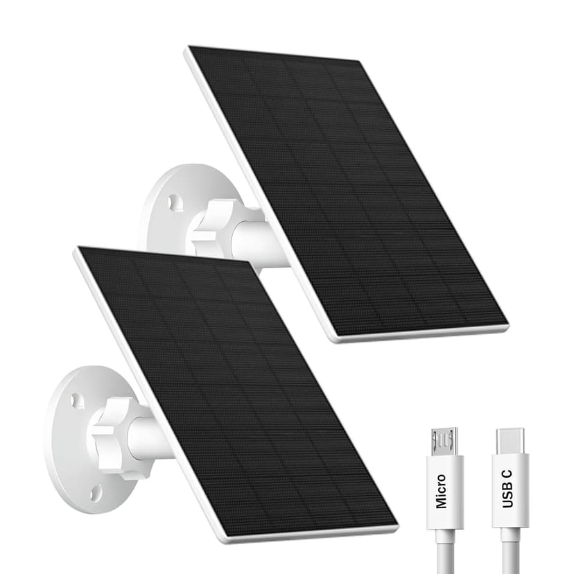 VUEBEE 2W Solar Panel for Security Camera Outdoor, USB/USB-C Charger with IP65 Waterproof, 360° Adjustable Mount & 7.2ft Cable, Compatible with Rechargeable Battery Cameras (2 Pack, White)