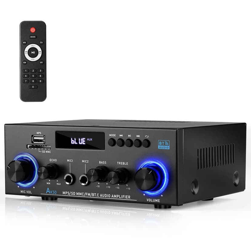 Romicta AK50 Stereo Audio Amplifier, 400W Home 2 Channel Bluetooth 5.0 Power Amplifier System, Home Amplifiers FM Radio, USB, Echo, Mic, SD Card, with Remote Control Home Theater Audio Stereo System