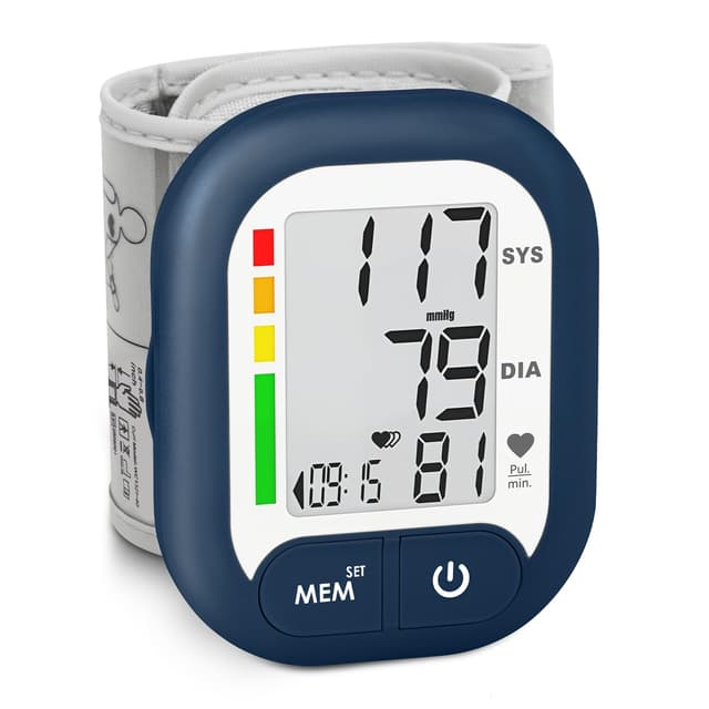 Blood Pressure Monitor Adjustable Wrist Cuff for Home Use Automatic BP Machine Large Digital LCD Display 199 Memory Batteries Included with Carrying Case, Navy