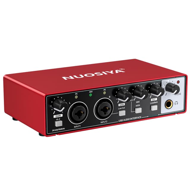 NUOSIYA USB Audio Interface for PC Computer Recording Music, Red Guitar Audio Interface for Mac 24Bit/192kHz Podcasting Streaming for Vocalist Producer with 48V Phantom Power