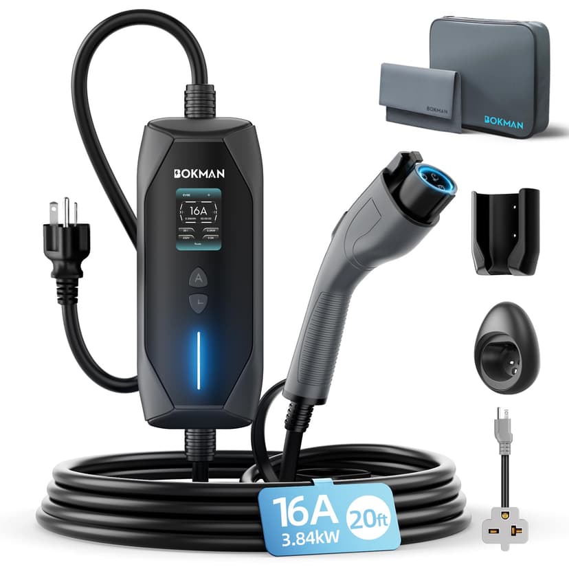 bokman Portable Level 2 & Level 1 EV Charger (240V, 16A), 20ft Cable and NEMA 6-20 Plug and NEMA 5-15 Adapter for Household Socket, Current Adjustable 6-16Amp (J1772 Connector)