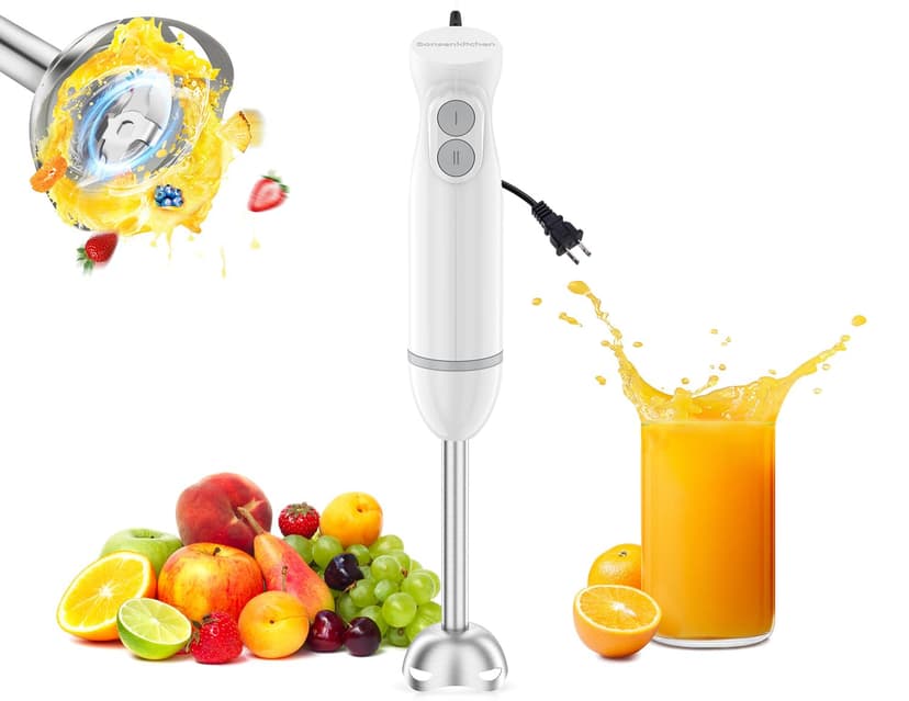Bonsenkitchen Hand Blender, Immersion Blender with 2 Mixing Speed, Electric Portable Handheld Stick Mixer with Stainless Steel Blades for Soup, Smoothie, Puree, Baby Food, White