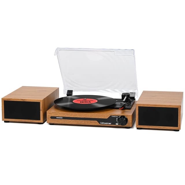 Vinyl Record Player with External Speakers BT 5.3 Wireless Turntable Portable with 3 Speed USB Vintage Wooden Golden