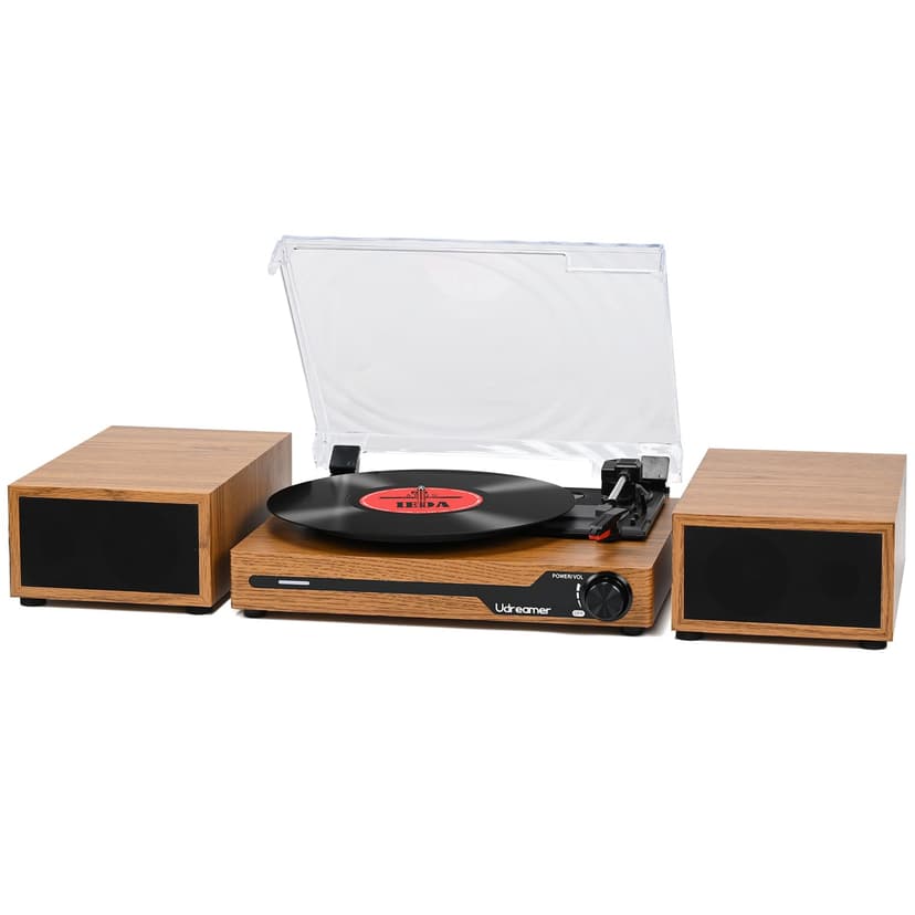 Vinyl Record Player with External Speakers BT 5.3 Wireless Turntable Portable with 3 Speed USB Vintage Wooden Golden