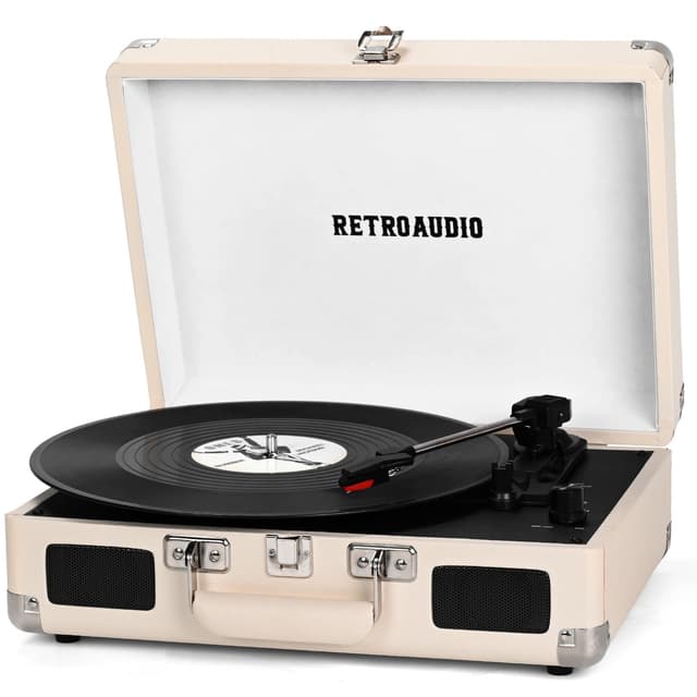 Vinyl Record Player Bluetooth Vintage Portable Suitcase Turntable with Built-in Speakers 3-Speed Belt-Driven Record Player Support RCA Output and Headphone Output (Warm White)