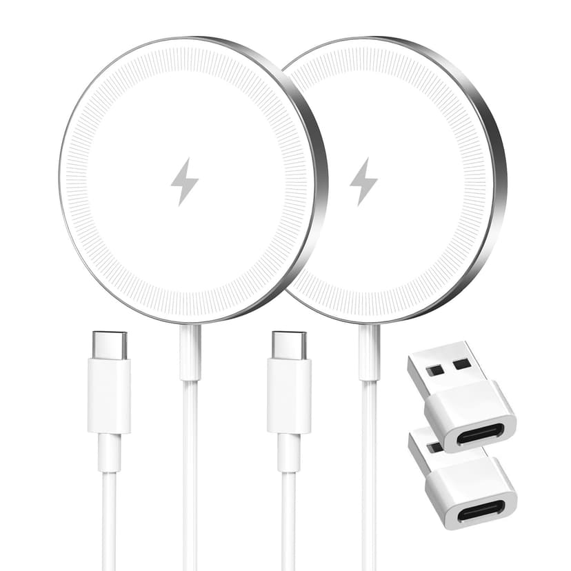 Magnetic Wireless Charger Charging Pad: 15W Qi Fast Portable Slim Charger Puck for iPhone 17 Air 16e 16 Pro Max 15 14 13 12 Series & Samsung Galaxy S25 Ultra- Include USB-C/A Dual Ports (2Pack White)