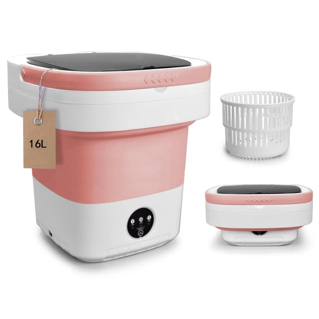 Portable Mini Washing Machine, 16L Foldable Washer and Dryer with 3 Modes Deep Cleaning, Upgraded Small Collapsible Laundry for Hotel, Apartment, Home and Travel - Pink