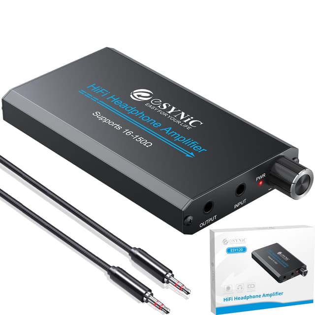 eSynic 16-150Ω Headphone Amplifier Poratble- HiFi 3.5MM Audio Headphone Amp Rechargeable with 2-Stage Gain Switch-Aluminum Alloy Body & 12H Playtime for Car/MP3&4/Phone/PC/Laptop (3.5mm AUX)