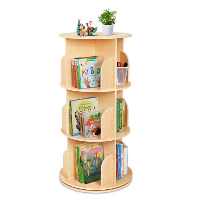 OOOK Kids Rotating Bookshelf, Small Corner Bookshelf for Small Space, 360° Display 3 Tier Floor Standing Bookcase Storage Rack, Wooden Narrow Bookcase Organizer for Bedroom, Living Room