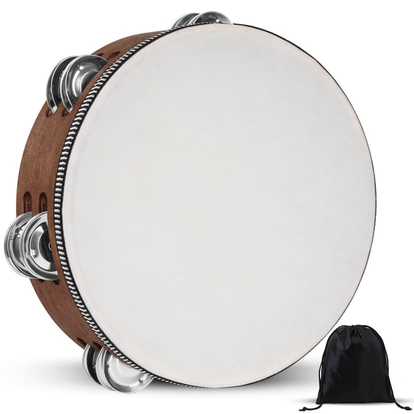 Wooden Hand Held Percussion Tambourine with Storage Bag - 8 Inches, Ideal for Church, Wedding, Party, Dance, Photo Shoot