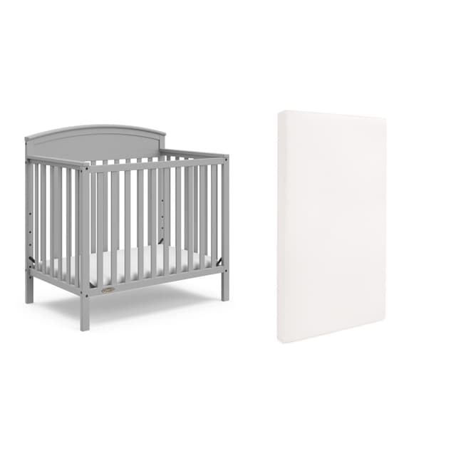 Graco Benton 4-in-1 Convertible Mini Crib with Bonus Crib Mattress (Pebble Gray) – GREENGUARD Gold Certified, 2.75-Inch Mattress Included, Baby Crib Converts to Twin Bed, Ideal for Small Spaces