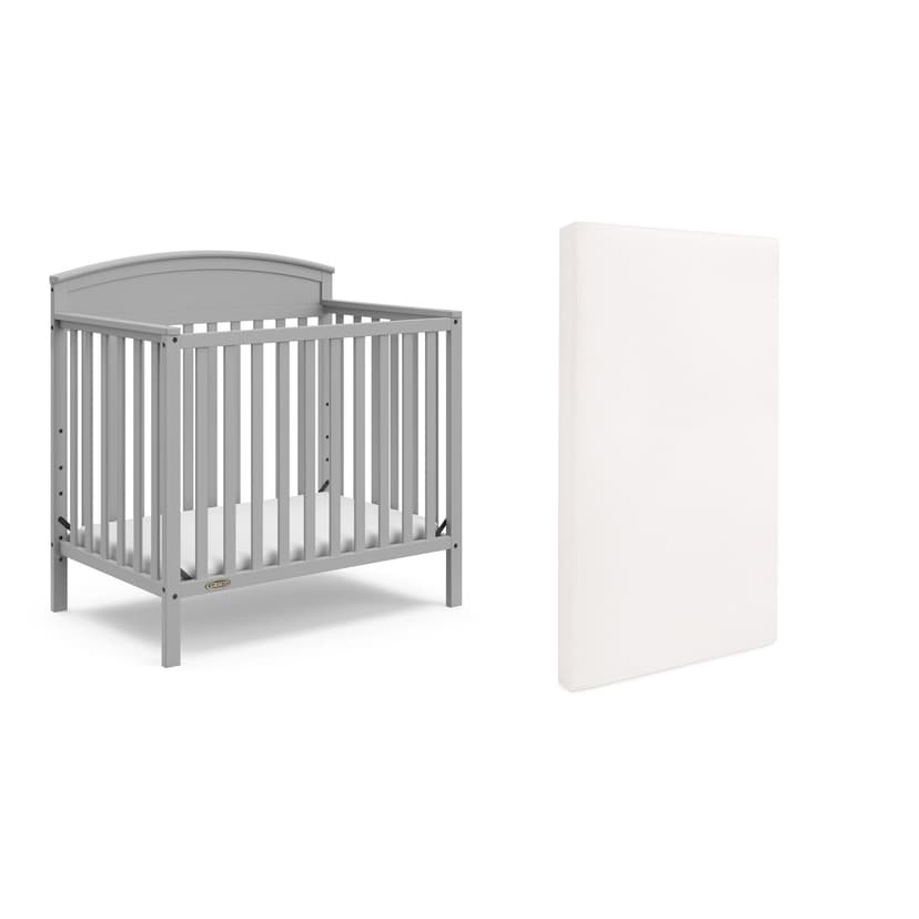 Graco Benton 4-in-1 Convertible Mini Crib with Bonus Crib Mattress (Pebble Gray) – GREENGUARD Gold Certified, 2.75-Inch Mattress Included, Baby Crib Converts to Twin Bed, Ideal for Small Spaces