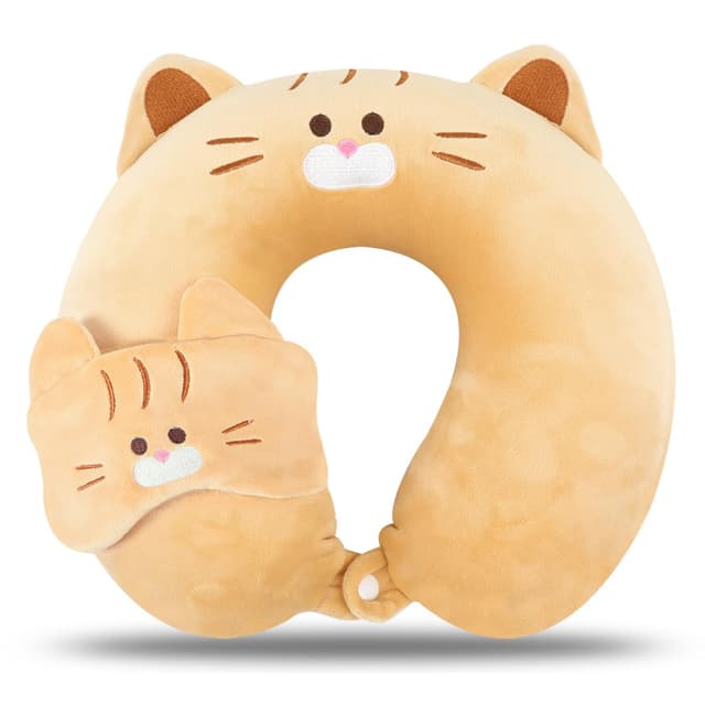 MissSoul Kids Neck Pillow for Travel with Sleep Eye Mask, Cute Travel Neck Pillow, Memory Foam Flight Sleeping Headrest Pillow for Boys & Girls, Airplane, Train, Car, Home Use - Ginger Cat