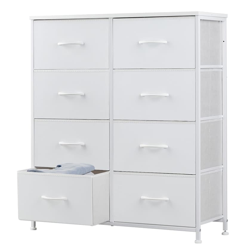 DUMOS Dresser for Bedroom with 8 Fabric Drawers, Tall Chest Organizer Units for Clothing, Closet, Kidsroom, Storage Tower with Cabinet, Metal Frame, Wooden Top, Lightweight Nursery Furniture, White