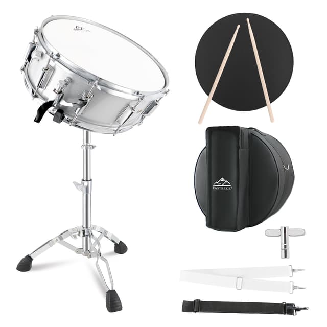 EASTROCK Snare Drum Set 14X5.5 Inches for Student Beginners with Gig Bag, Drumsticks, Stand, Drum Keys, Coated Material Drum Head, Off-white