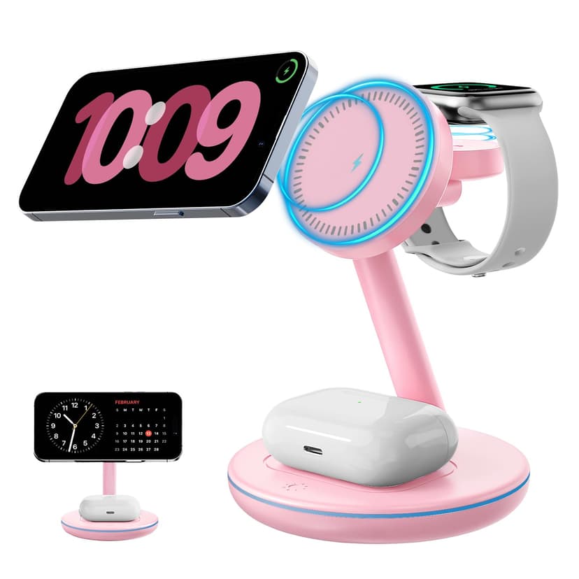 2026 3 in 1 Charging Station for Apple iPhone AirPods Watch with Mag-Safe Charger Wireless Charger Stand for iPhone 17 16 15 14 13 12 Series AirPods iWatch Series - Gifts for Wife & Husband(Pink)