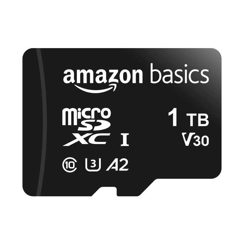 Amazon Basics microSDXC Memory Card for Smartphones, Tablets, Drones, Full HD, with Full Size Adapter, A2, U3, Read Speed up to 100 MB/s, 1 TB, Black