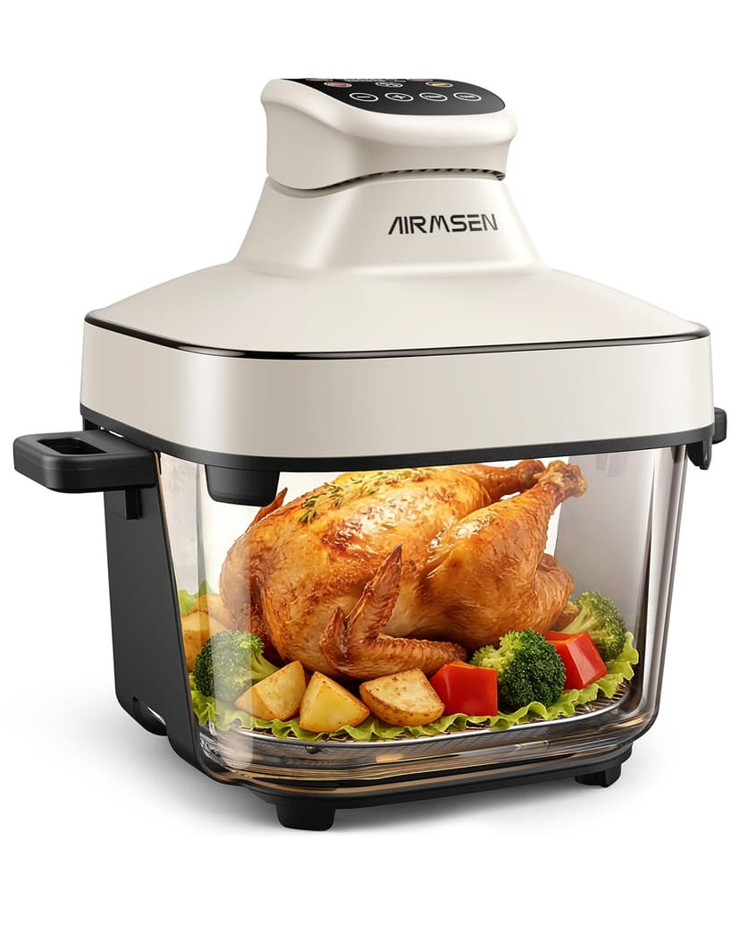 AIRMSEN 6.3 QT Glass Air Fryer Non-Toxic, 4 Presets & Manual Control, 105–400℉ Precise Heat, 95% Less Oil, Auto-Pause & Resume, Microwave & Dishwasher Safe Glass Container for Family Meals