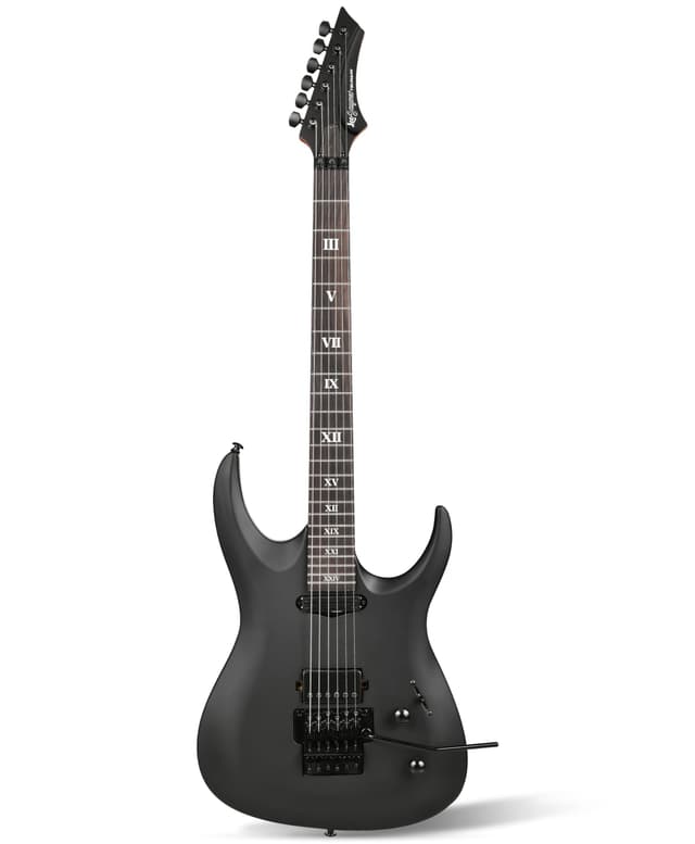Leo Jaymz Tsunami Electric Guitar Mahogany Body & Roasted Maple Neck, HH Pickups with Rail, Double-Locking Tremolo, 24 Frets (Matte Black)